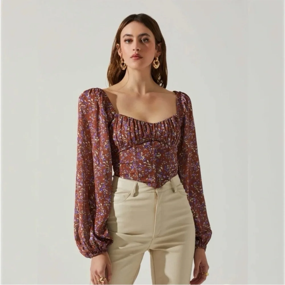 ASTR The Label Penny Floral Puff Sleeve Top Women’s Medium Zip Back Blouse